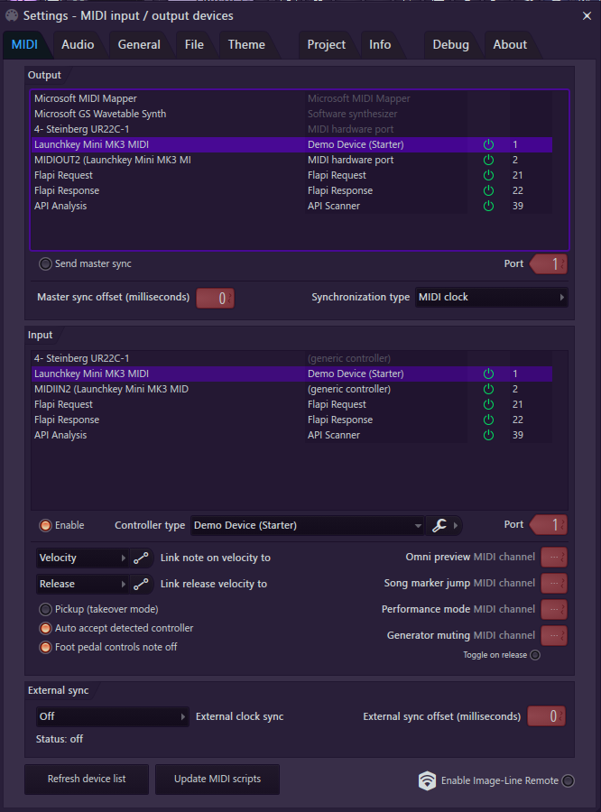 A screenshot of FL Studio's MIDI settings, showing a Novation Launchkey device configured with correct ports and script