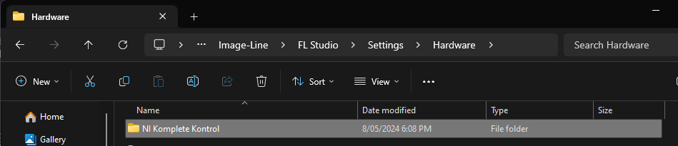 A screenshot of the Image-Line hardware folder, showing a script folder named "NI Komplete Kontrol"